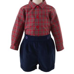 Rachel Riley Red Tartan Plaid Shirt Navy Short Set 6m NWT Christmas Holiday